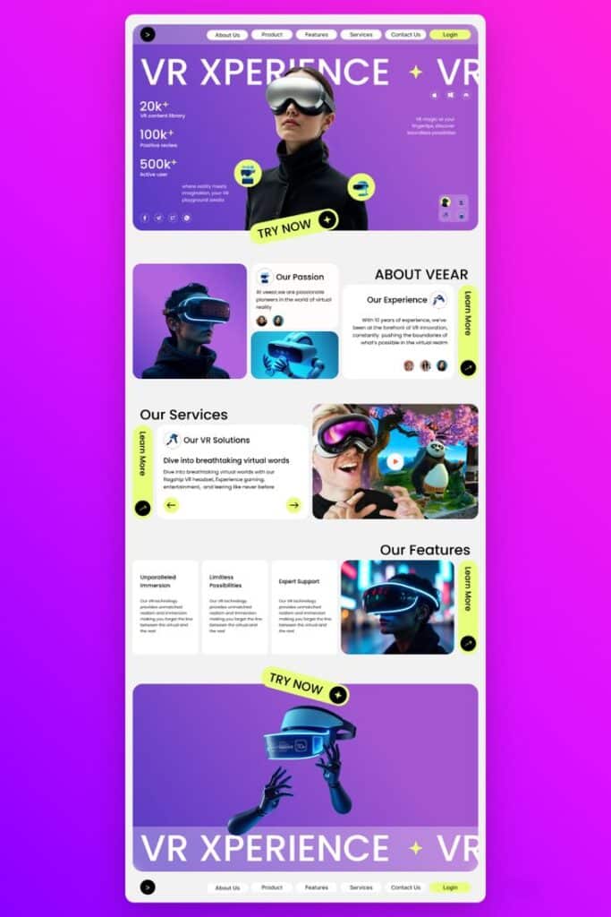 d7237503523c94ed19f7ee90a8c99db0 VR Xperience website design featuring VR headset, services, features, and try now button on a vibrant background. | Sky Rye Design VR Xperience website design featuring VR headset, services, features, and try now button on a vibrant background.