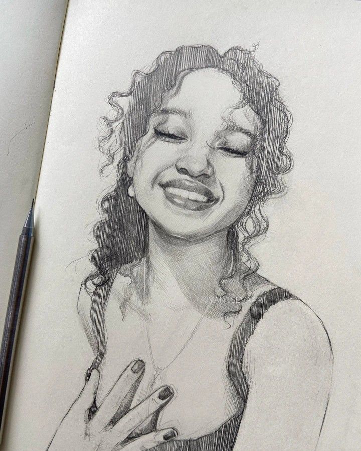 d762ab4fe1e5d6024e2cba14f8b03880 Pencil sketch of a smiling woman with curly hair, hand on chest, in a black top. | Sky Rye Design Pencil sketch of a smiling woman with curly hair, hand on chest, in a black top.