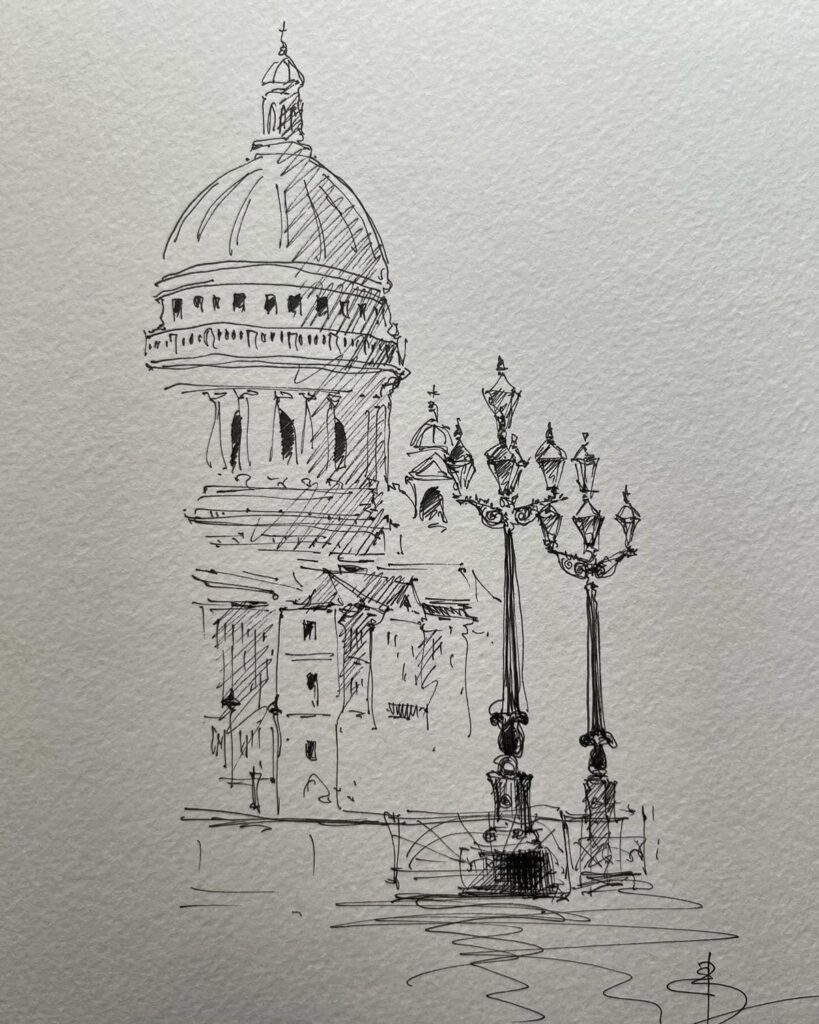d79d8e54c928ebfb4eae2ae1565b76ef Ink sketch of a classical building with a dome and ornate street lamps, conveying an urban architectural scene. | Sky Rye Design Ink sketch of a classical building with a dome and ornate street lamps, conveying an urban architectural scene.