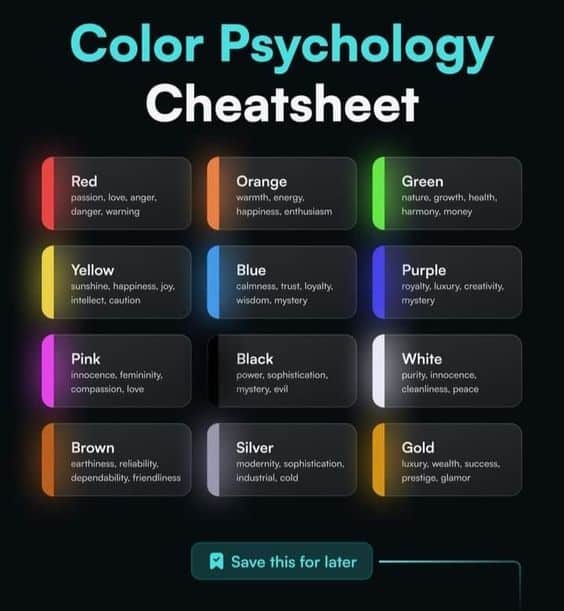 Color psychology cheatsheet: meanings of red, orange, green, yellow, blue, purple, pink, black, white, brown, silver, gold.