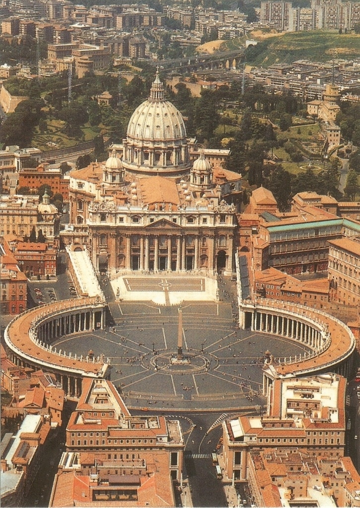Aerial view of St. Peter's Basilica and Square in Vatican City, showcasing its iconic architecture and layout.