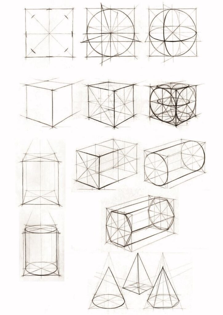 d9272acabac8c9e7c788b3c644976629 Geometric shapes and perspective sketches; cubes, cylinders, and cones with guidelines for drawing accuracy. | Sky Rye Design Geometric shapes and perspective sketches; cubes, cylinders, and cones with guidelines for drawing accuracy.