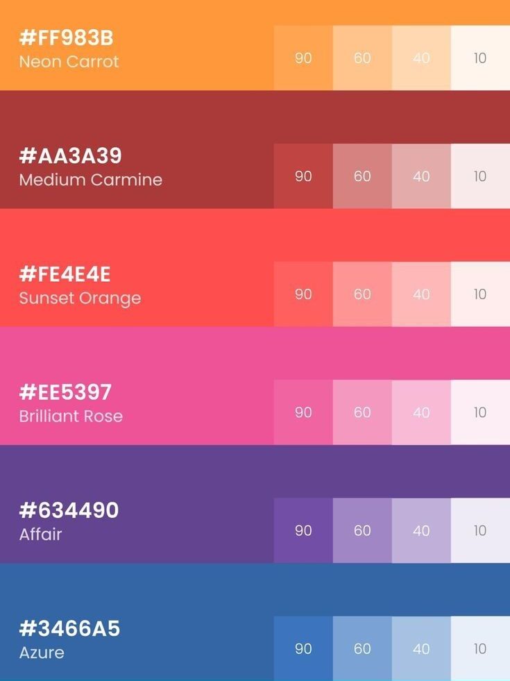 Color palette featuring Neon Carrot, Medium Carmine, Sunset Orange, Brilliant Rose, Affair, Azure, Robin's Egg Blue.