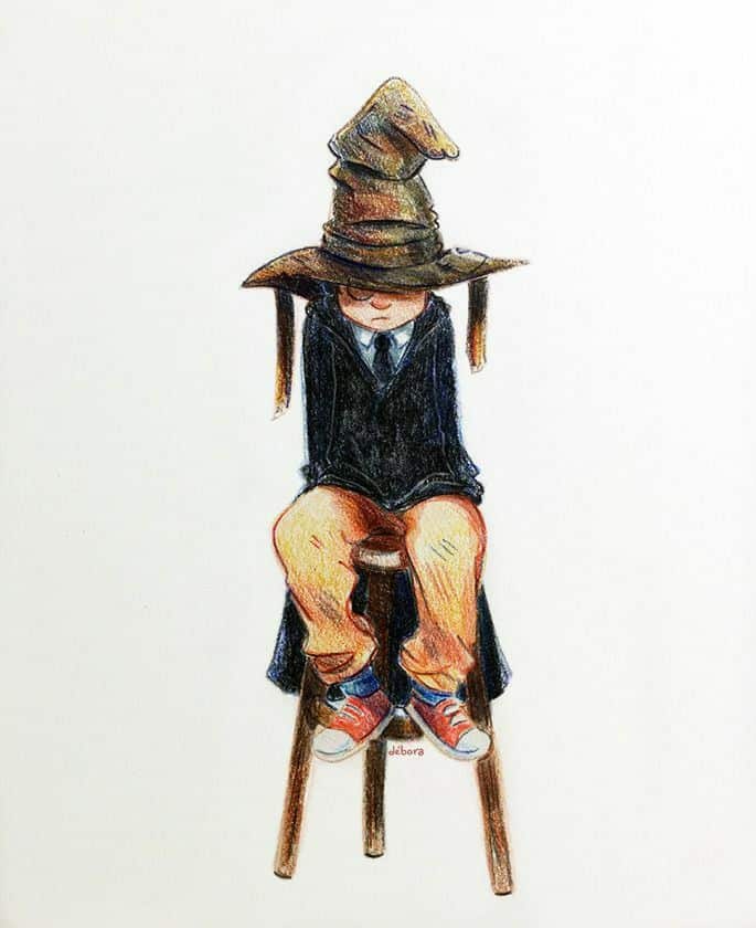 d9e54e91-9b0e-4e12-b485-8cd11d6ed238 Child on a stool wearing a magical sorting hat and robe, colorful illustration. | Sky Rye Design Child on a stool wearing a magical sorting hat and robe, colorful illustration.