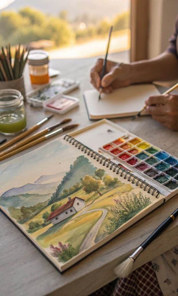 Artist painting a scenic landscape with watercolors under natural light, featuring a countryside view.