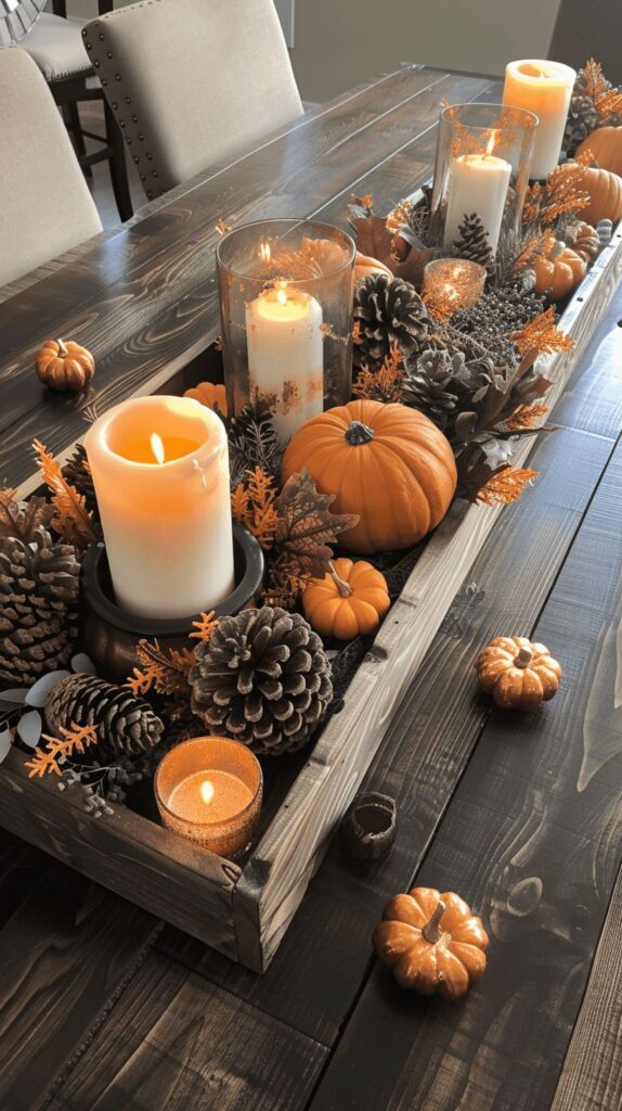 dbab60df9ebdc8a979ac57176163096d Festive autumn table centerpiece with candles, pumpkins, pinecones, and foliage on a rustic wooden table. | Sky Rye Design Festive autumn table centerpiece with candles, pumpkins, pinecones, and foliage on a rustic wooden table.