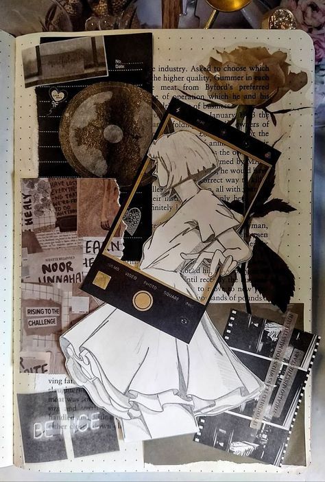 Collage art featuring a sketched girl with camera frame, surrounded by newspaper clippings and abstract textures.