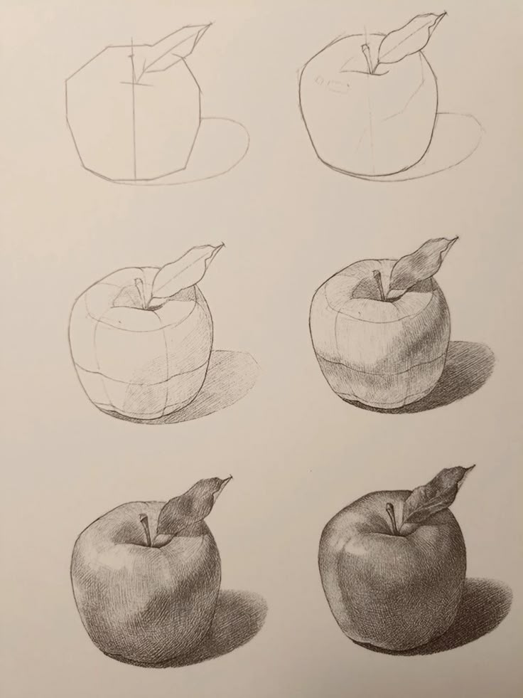 Illustrated step-by-step guide to drawing a realistic apple with pencil shading.