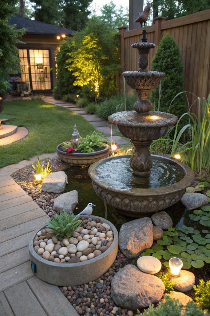 dd131d7b-f9ed-4083-86e7-25cc8edb63db Peaceful garden scene with illuminated fountain, lush greenery, and decorative stones at dusk. | Sky Rye Design Peaceful garden scene with illuminated fountain, lush greenery, and decorative stones at dusk.