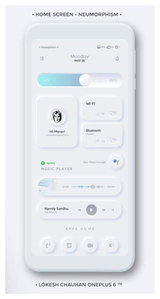 Smartphone home screen with neumorphism design, music player, toggles for Wi-Fi and Bluetooth, and user profile.