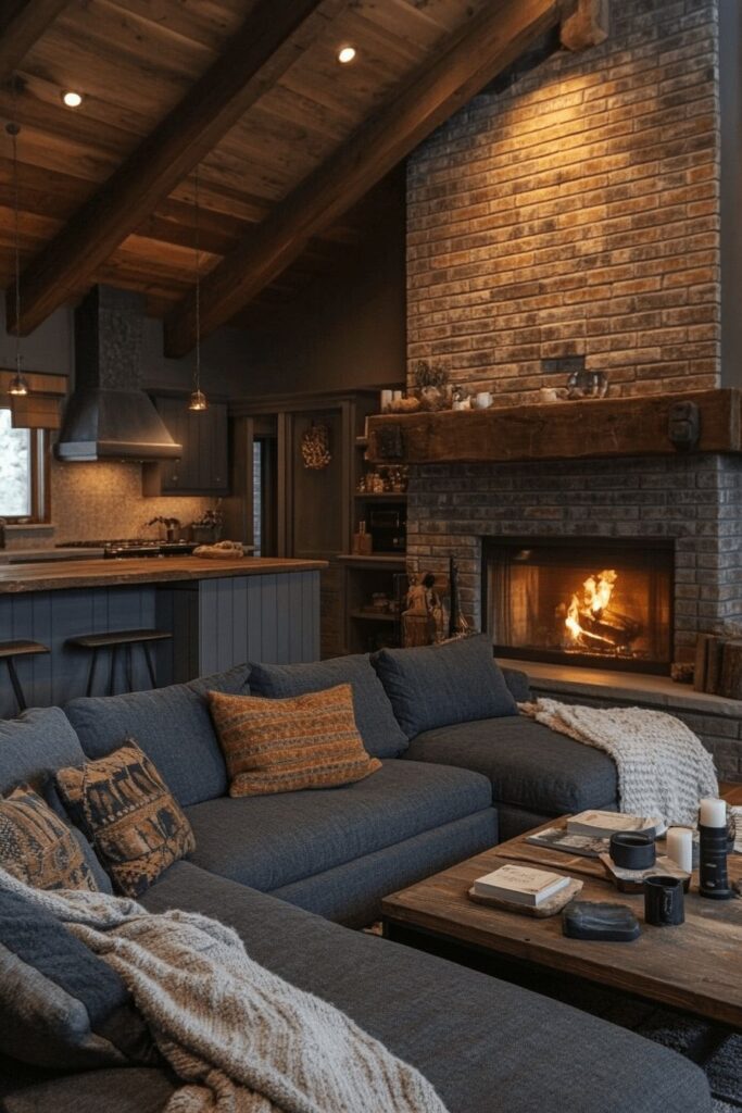 Cozy rustic living room with a fireplace, wooden beams, and comfy sofa, perfect for relaxing or socializing.