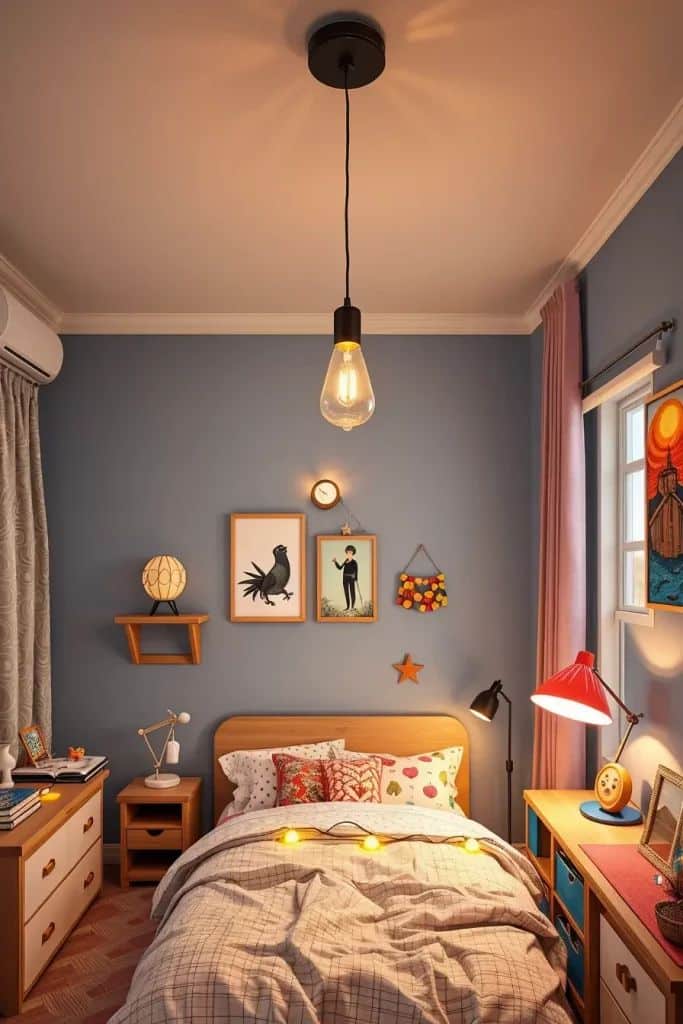 ded5835ba39496232d0a5b4fcd3fcf26 Cozy bedroom with blue walls, warm lighting, colorful decor, and a wooden bed, ideal for a relaxing ambiance. | Sky Rye Design Cozy bedroom with blue walls, warm lighting, colorful decor, and a wooden bed, ideal for a relaxing ambiance.