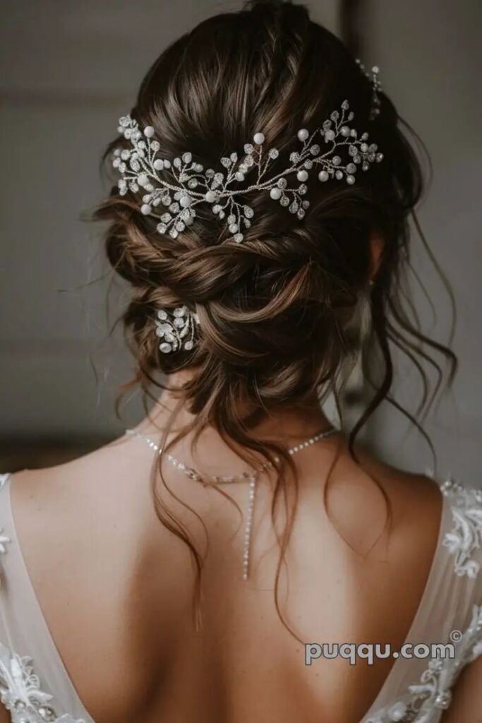 Elegant bridal updo with pearl and floral hair accessory, featuring wavy brunette hair and delicate lace dress.