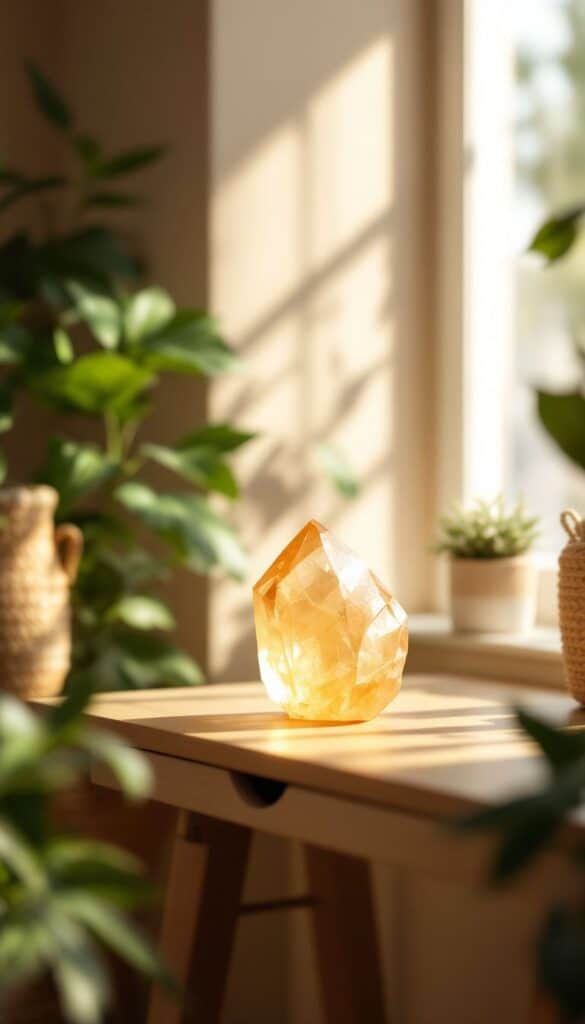 Golden crystal decor on a wooden table with indoor plants, sunlight streaming through a window in the background.