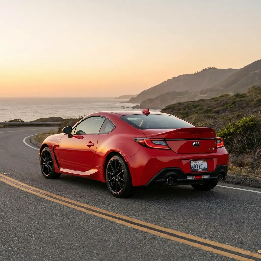 da89d4c3-d900-4184-9da5-38264f277e54 Red Toyota sports coupe parked on winding coastal road at sunset with ocean and cliffs in background | Sky Rye Design Red Toyota sports coupe parked on winding coastal road at sunset with ocean and cliffs in background