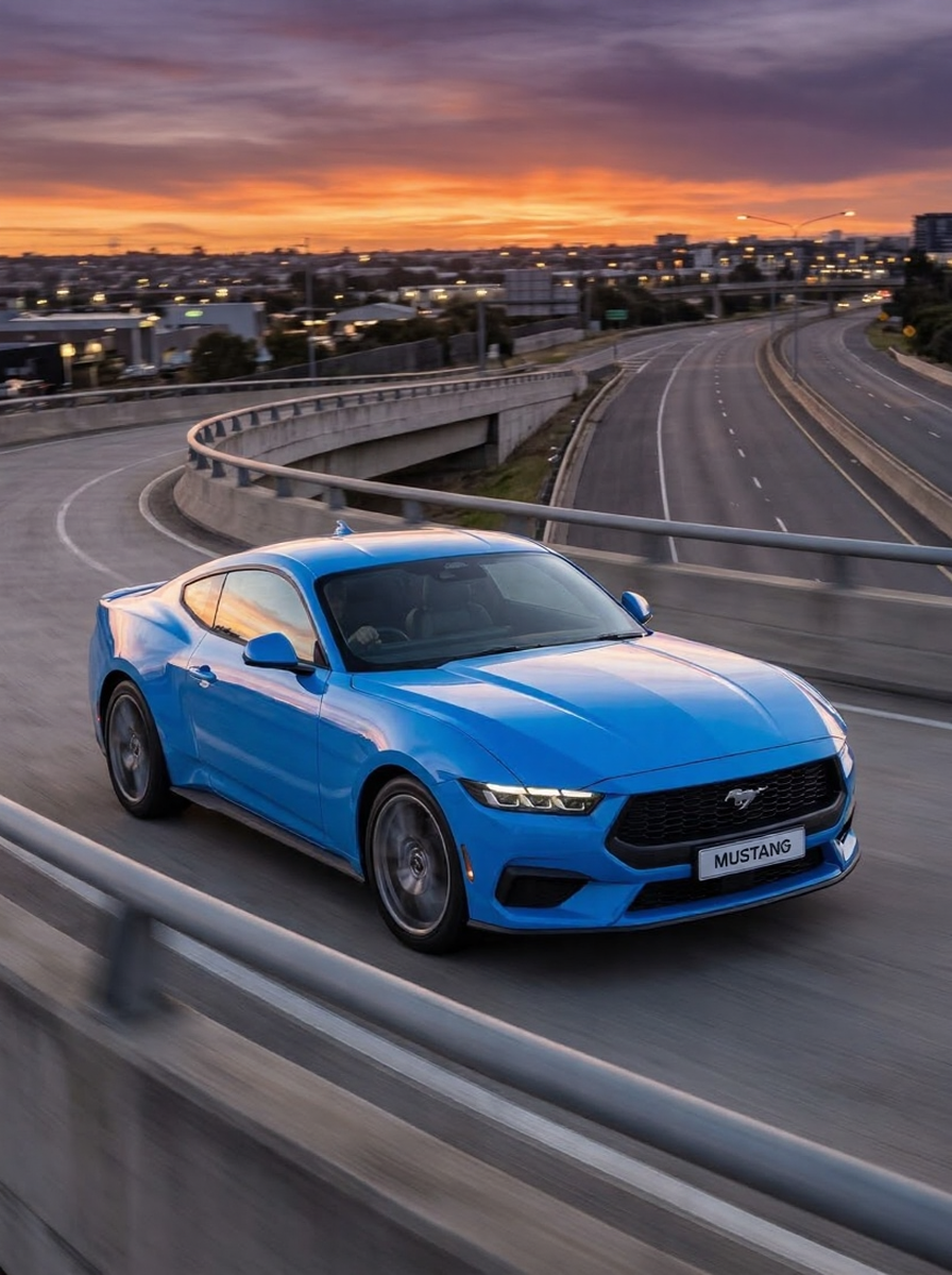 unnamed - 2026-03-13T101337584 Blue Ford Mustang sports car driving on elevated highway at sunset, urban overpass and city skyline in background | Sky Rye Design Blue Ford Mustang sports car driving on elevated highway at sunset, urban overpass and city skyline in background