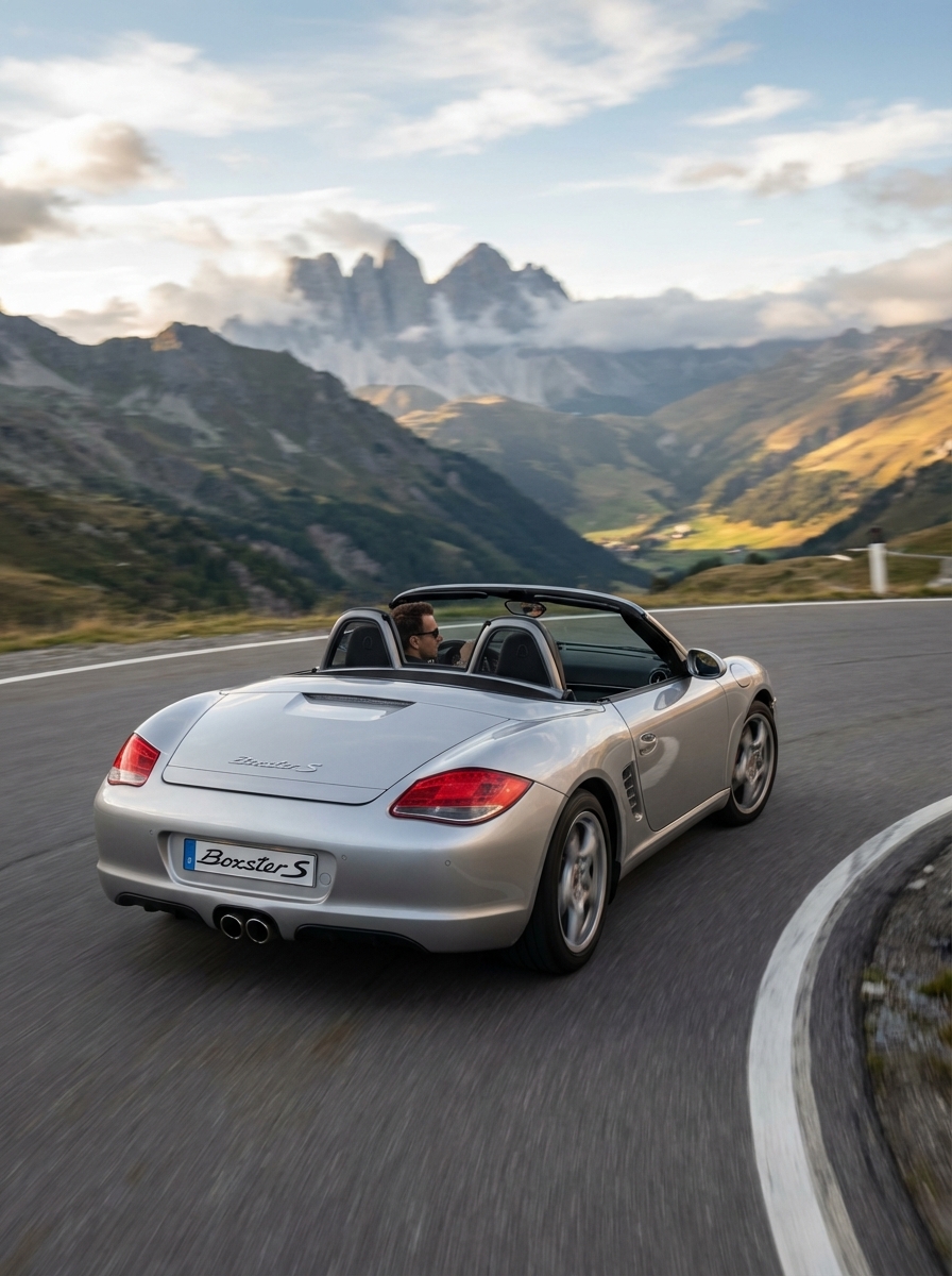 df1e5c79-77e1-4b7c-8354-ff0872671121 Silver convertible sports car (Boxster S) driving a winding alpine mountain road with valley and jagged peaks in background | Sky Rye Design Silver convertible sports car (Boxster S) driving a winding alpine mountain road with valley and jagged peaks in background