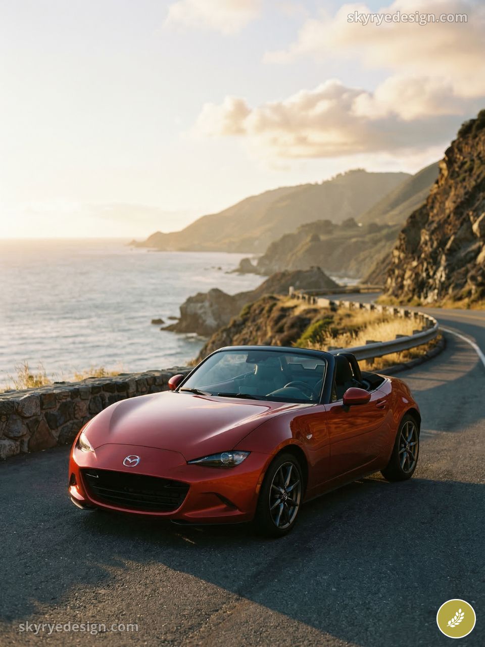 how-to-draw-additional-content 29 Red Mazda MX-5 convertible parked on scenic coastal road at sunset with ocean cliffs and winding highway | Sky Rye Design Red Mazda MX-5 convertible parked on scenic coastal road at sunset with ocean cliffs and winding highway