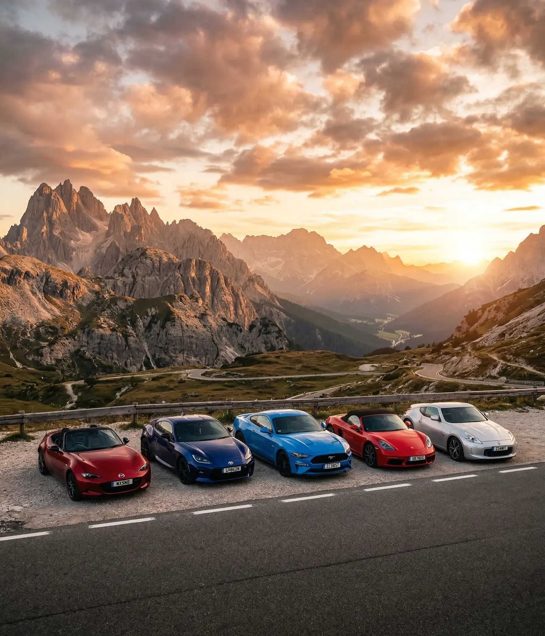 Frame 42732116344 Five colorful sports cars parked on a mountain overlook at sunset with winding alpine road and jagged peaks. | Sky Rye Design Five colorful sports cars parked on a mountain overlook at sunset with winding alpine road and jagged peaks.