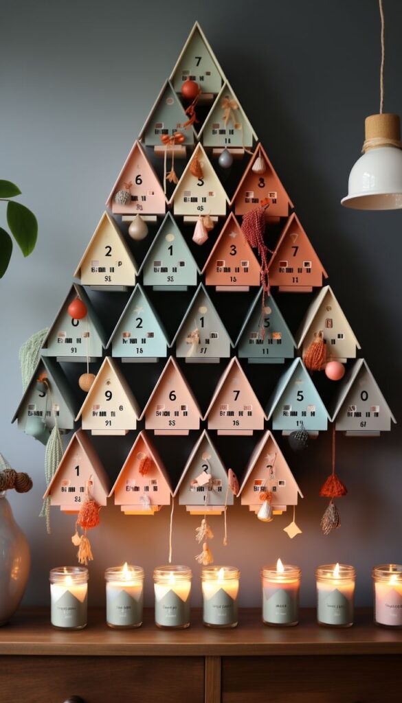 diy calendrier de lavent maison Festive advent calendar with numbered compartments and candles, perfect for Christmas countdown decor. | Sky Rye Design Festive advent calendar with numbered compartments and candles, perfect for Christmas countdown decor.
