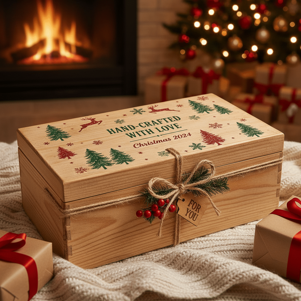 Wooden Christmas gift box by a fireplace, decorated with festive designs, wrapped with twine and a tag reading For You.