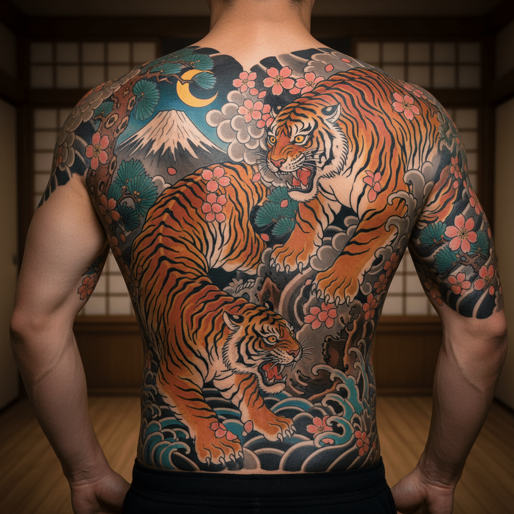 download-1 Japanese-style back tattoo featuring vibrant tigers, cherry blossoms, and a mountain scene. | Sky Rye Design Japanese-style back tattoo featuring vibrant tigers, cherry blossoms, and a mountain scene.