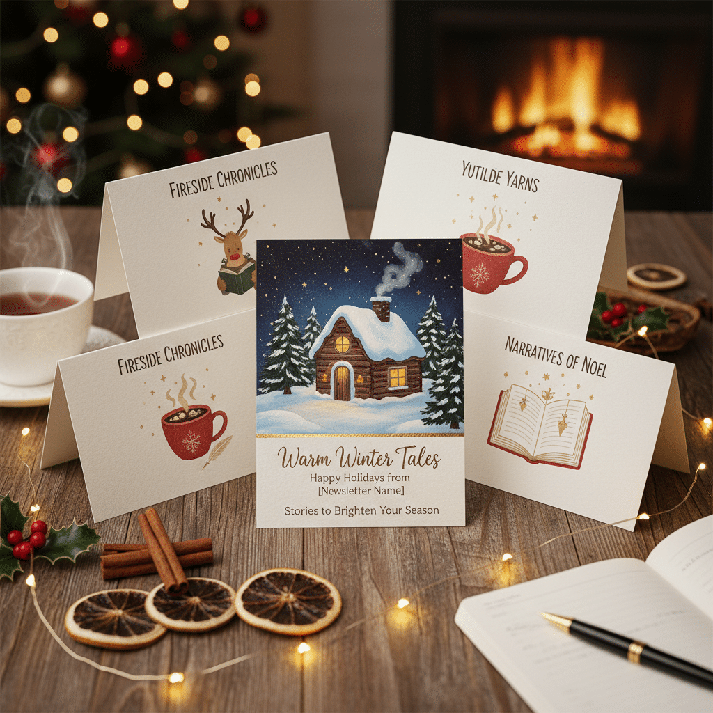 Holiday-themed cards with cozy winter images and text, set on a festive table with a warm fireplace in the background.