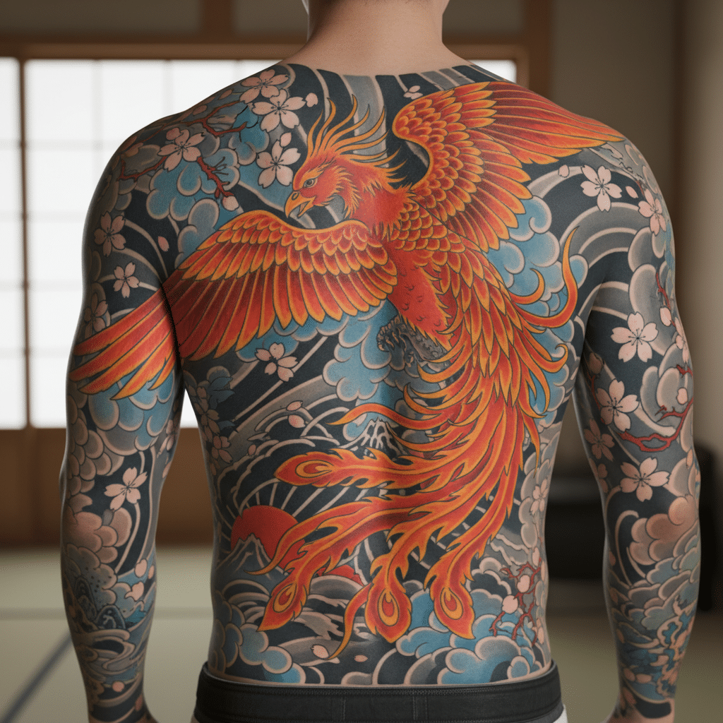 download Phoenix back tattoo with cherry blossoms and clouds in traditional style. | Sky Rye Design Phoenix back tattoo with cherry blossoms and clouds in traditional style.
