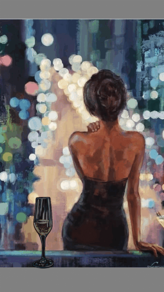Elegant woman in a cityscape painting, holding a glass of wine with colorful city lights in the background.