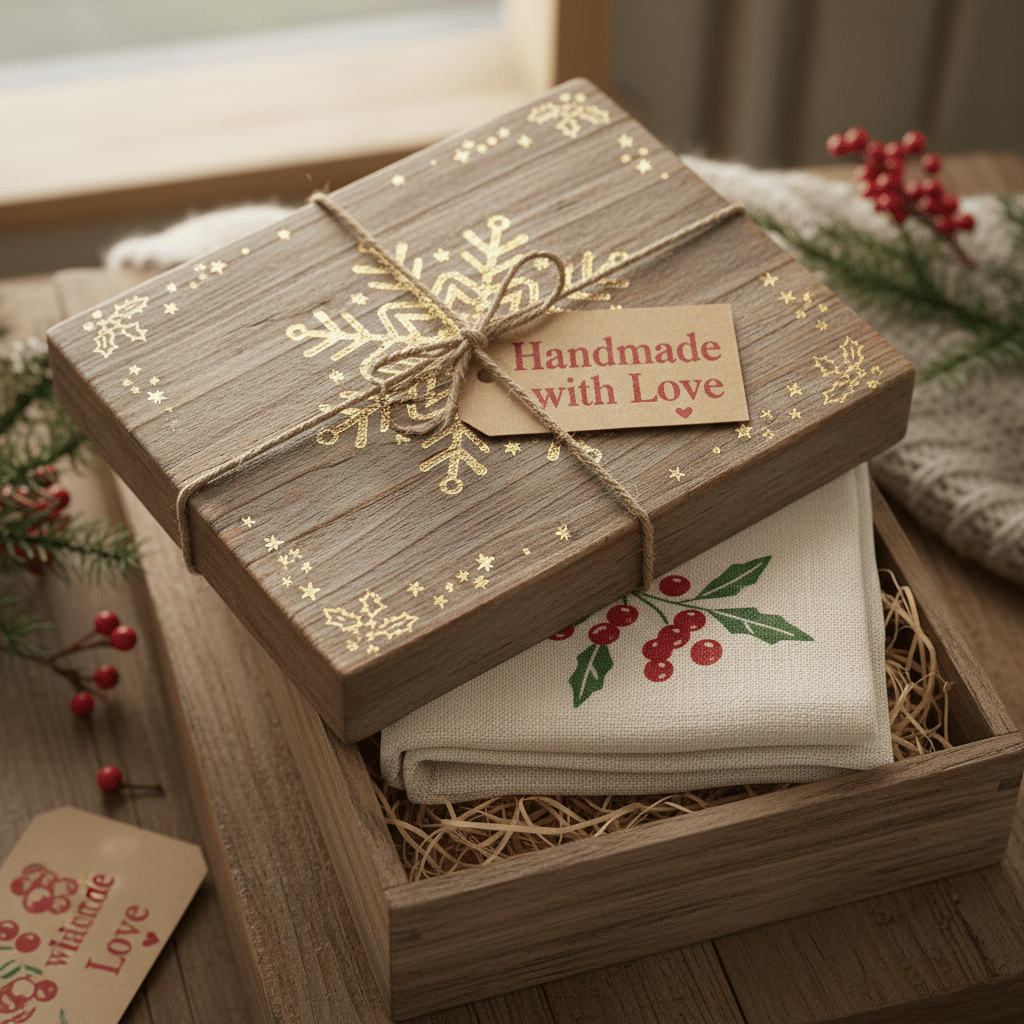 Handmade wooden gift box with embroidered cloth, festive decor, labeled Handmade with Love. Perfect holiday present.