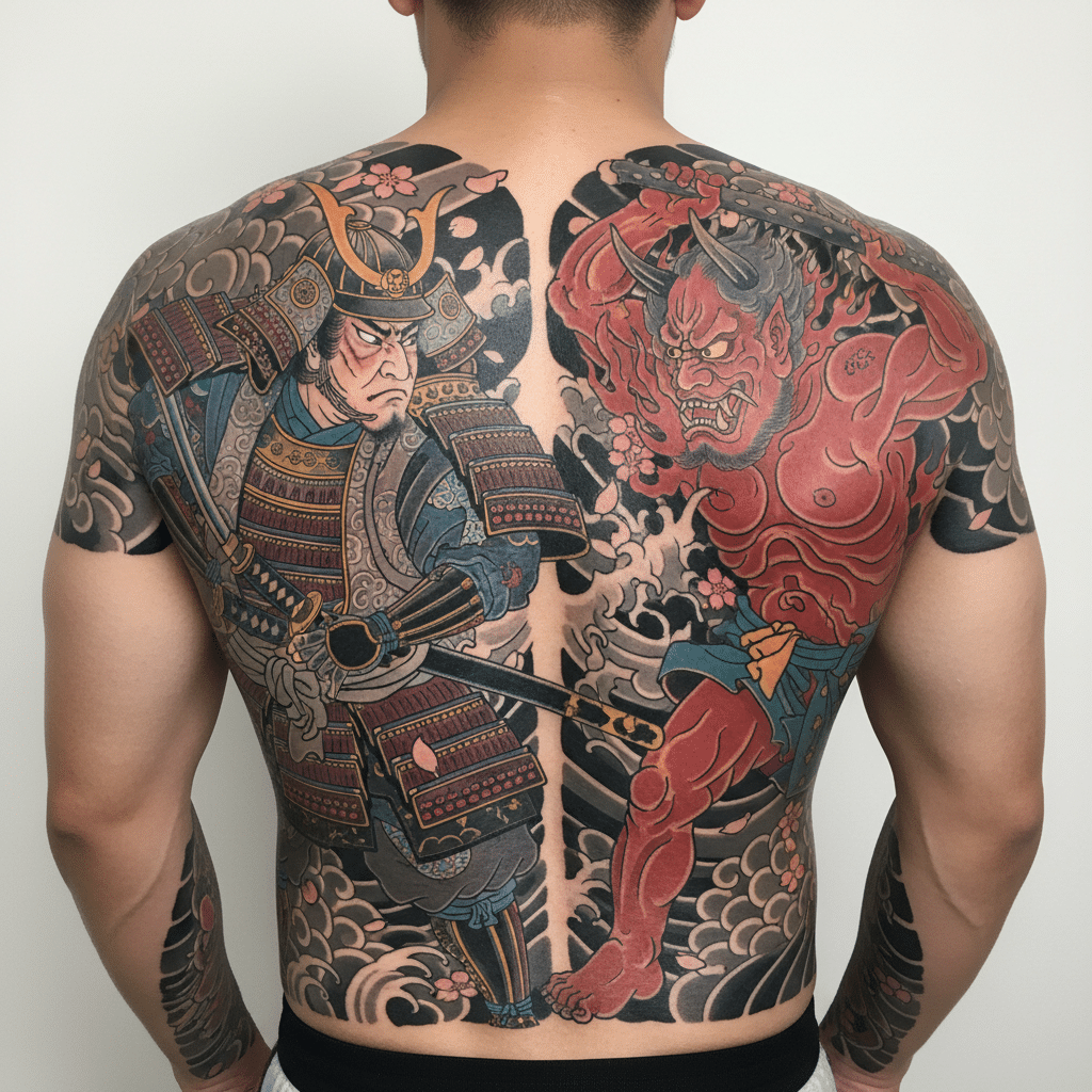 download-2 Intricate full-back tattoo of a samurai and demon in traditional Japanese style, showcasing detailed artistry and vivid colors. | Sky Rye Design Intricate full-back tattoo of a samurai and demon in traditional Japanese style, showcasing detailed artistry and vivid colors.