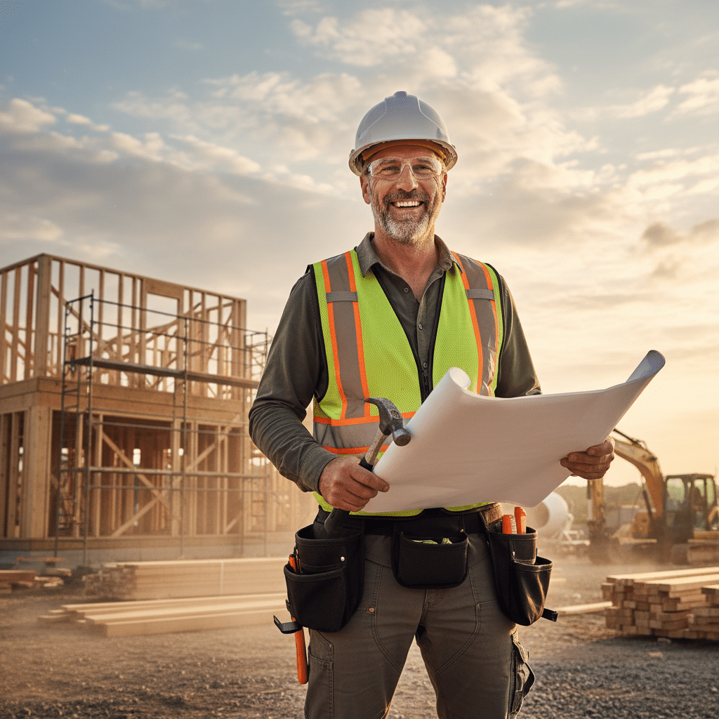 download-2 Smiling construction worker in safety gear holding blueprints at a building site in the evening sun. | Sky Rye Design Smiling construction worker in safety gear holding blueprints at a building site in the evening sun.