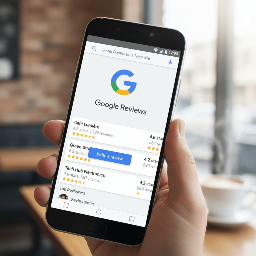 download Person holding smartphone displaying Google Reviews app for local businesses. | Sky Rye Design Person holding smartphone displaying Google Reviews app for local businesses.