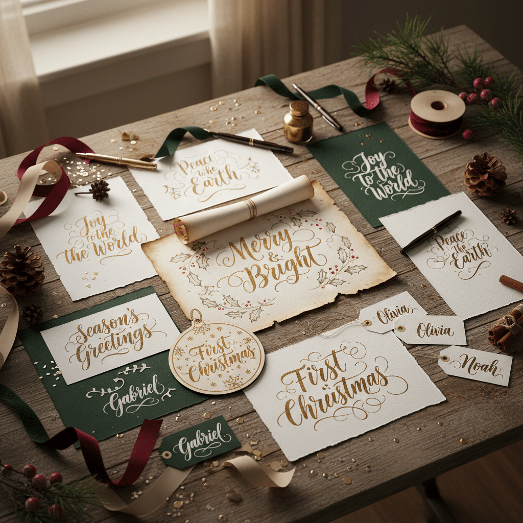 Festive calligraphy designs on cards with holiday messages like Merry & Bright displayed on a wooden table.