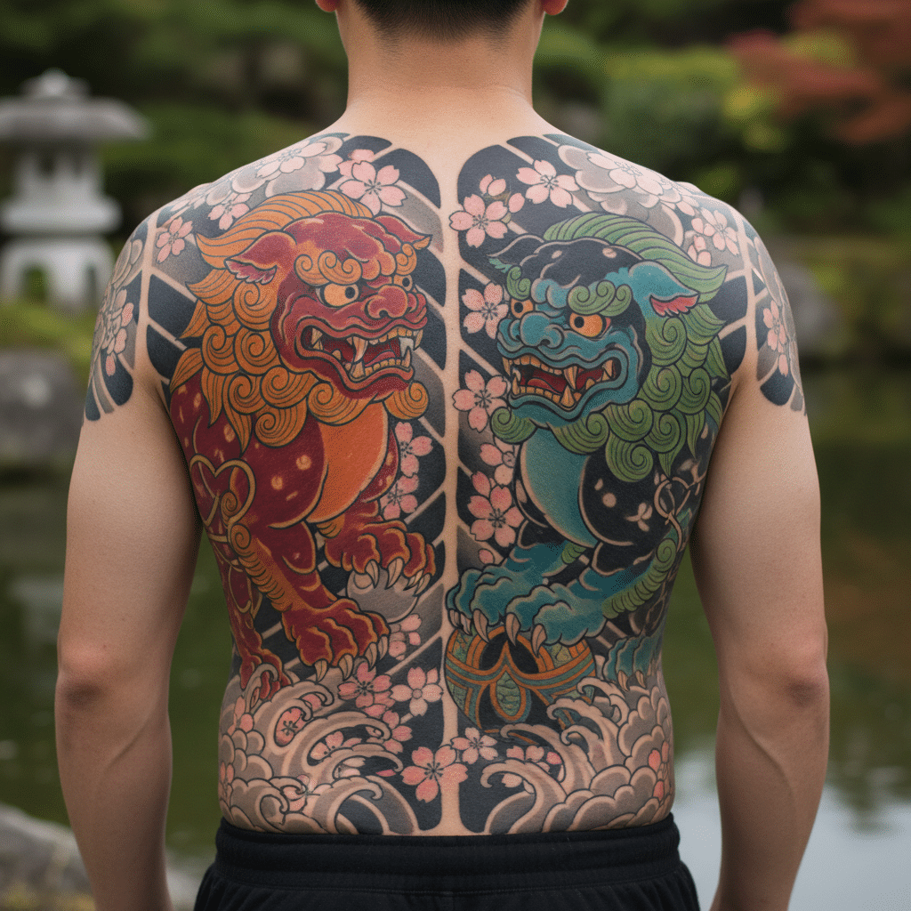 download-3 Detailed Japanese-style tattoo of mythical lions on a man's back, surrounded by cherry blossoms and waves. | Sky Rye Design Detailed Japanese-style tattoo of mythical lions on a man's back, surrounded by cherry blossoms and waves.