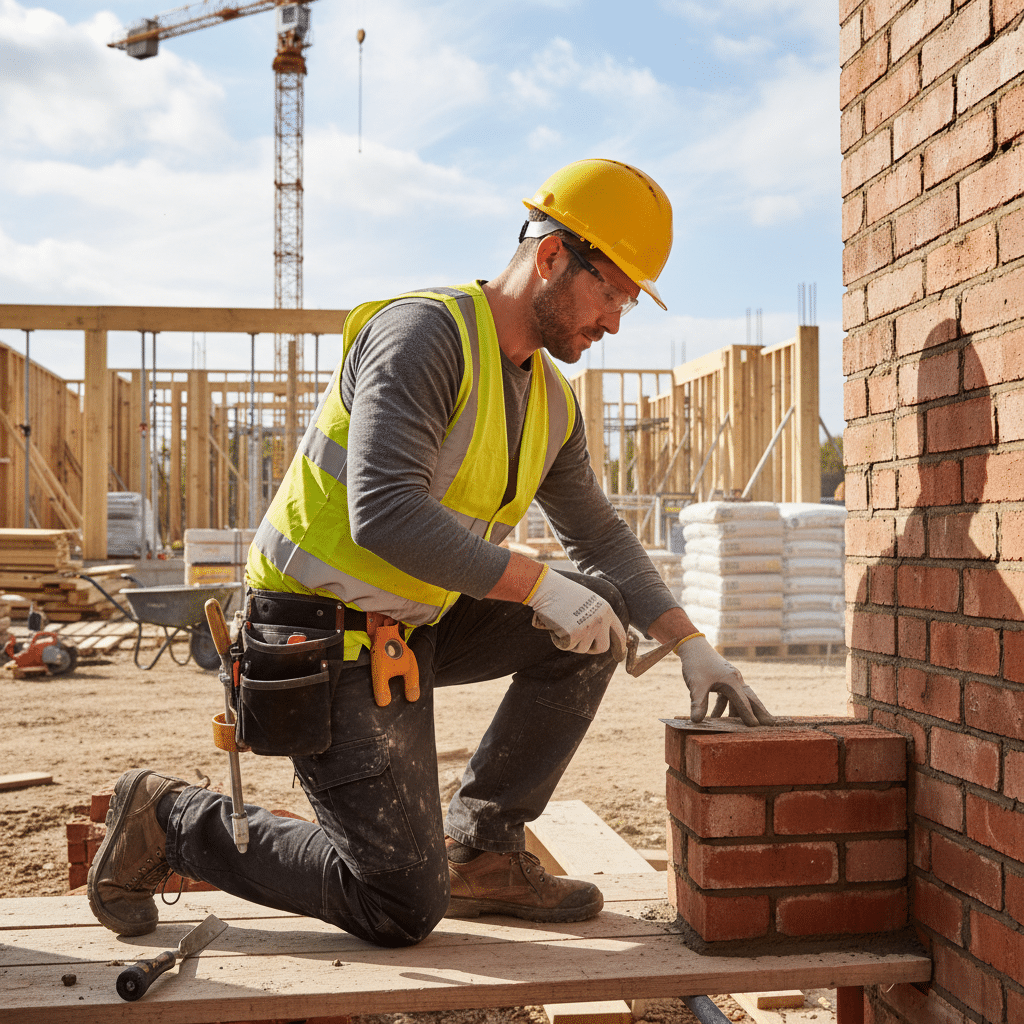 download-3 Bricklayer at a construction site building a brick wall, wearing safety gear and a yellow helmet, against a sunny sky. | Sky Rye Design Bricklayer at a construction site building a brick wall, wearing safety gear and a yellow helmet, against a sunny sky.