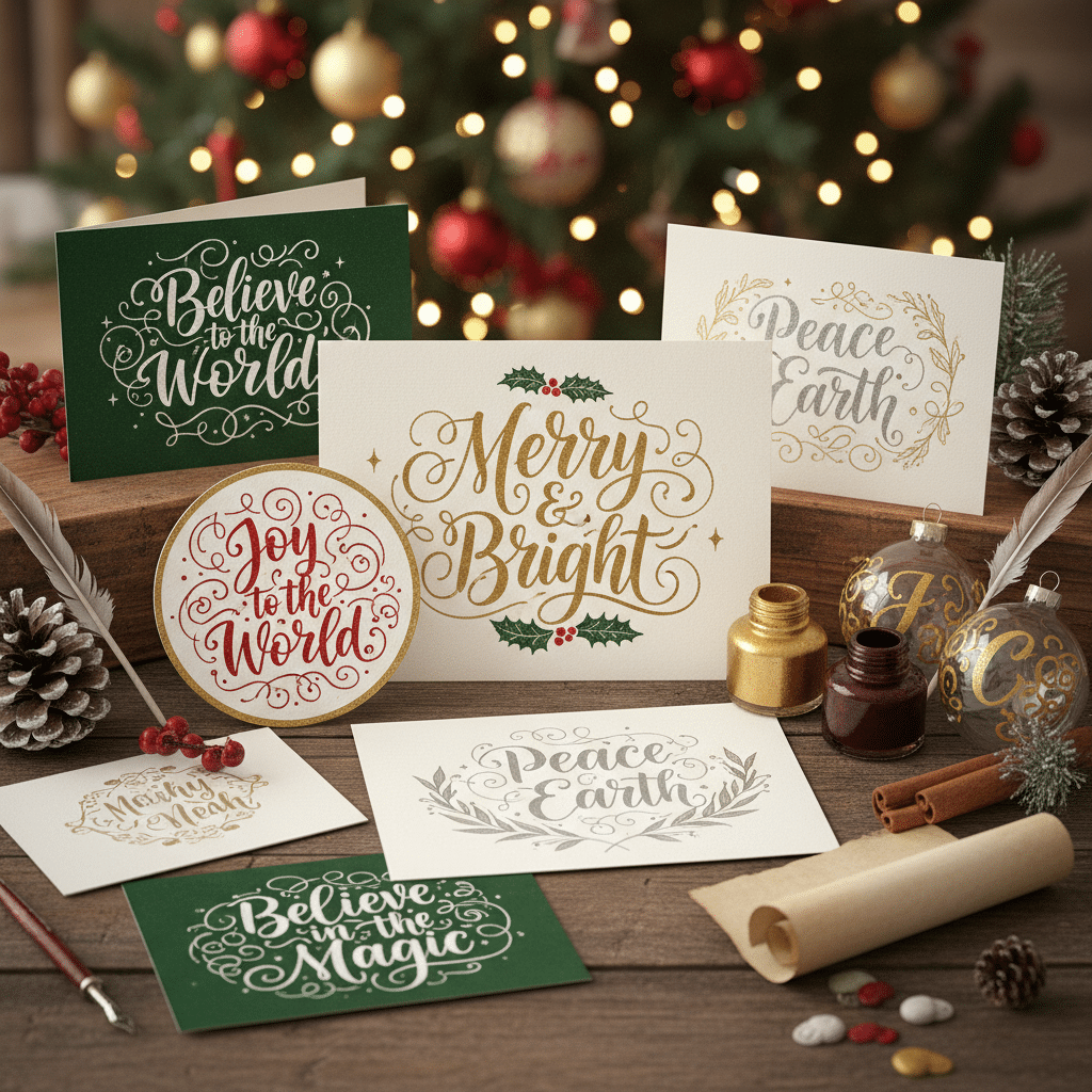 Festive holiday cards and ornaments near a decorated Christmas tree, with phrases like Merry & Bright displayed.