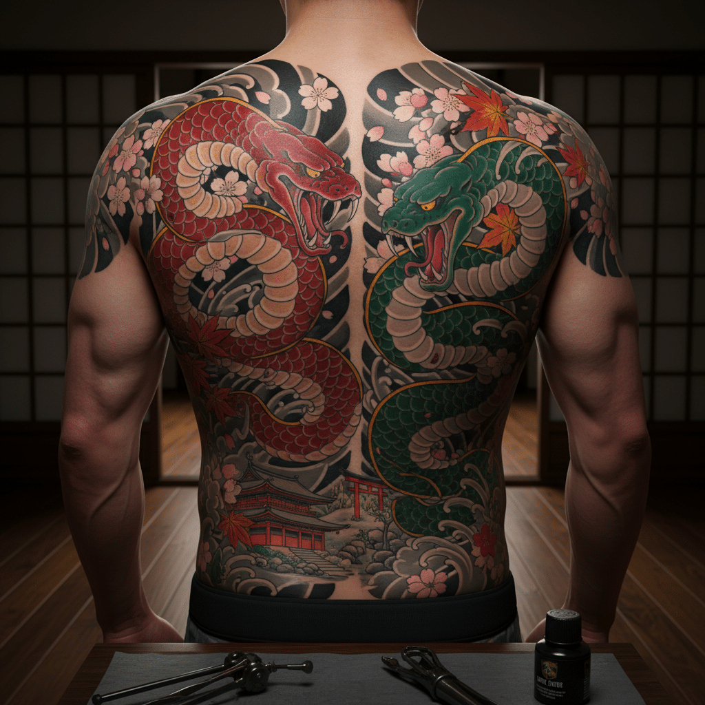 download-4 Intricate back tattoo featuring red and green dragons in a traditional Japanese style with cherry blossoms and a shrine. | Sky Rye Design Intricate back tattoo featuring red and green dragons in a traditional Japanese style with cherry blossoms and a shrine.