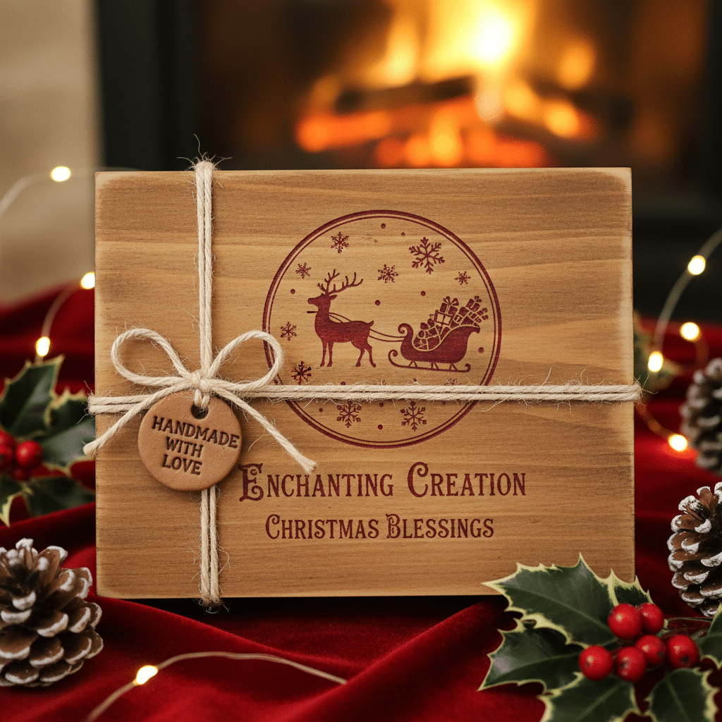 Handmade Christmas card with reindeer and sleigh, wrapped in twine, surrounded by holly and a cozy fireplace.