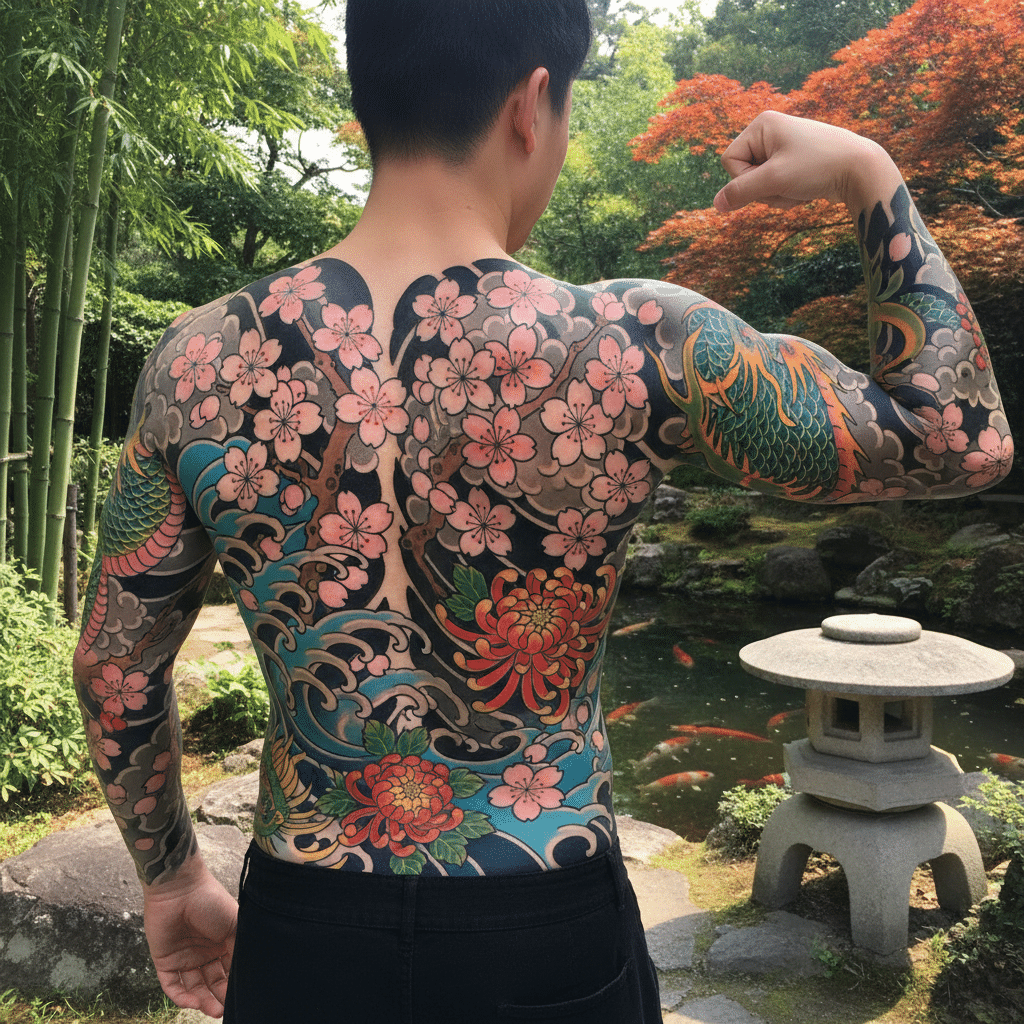 download-5 Man with colorful full-back tattoo in serene garden, featuring cherry blossoms and a dragon. | Sky Rye Design Man with colorful full-back tattoo in serene garden, featuring cherry blossoms and a dragon.