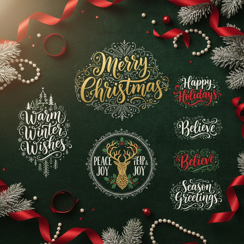 Festive Christmas greetings and holiday decor with ribbons and pine branches on a dark green background.