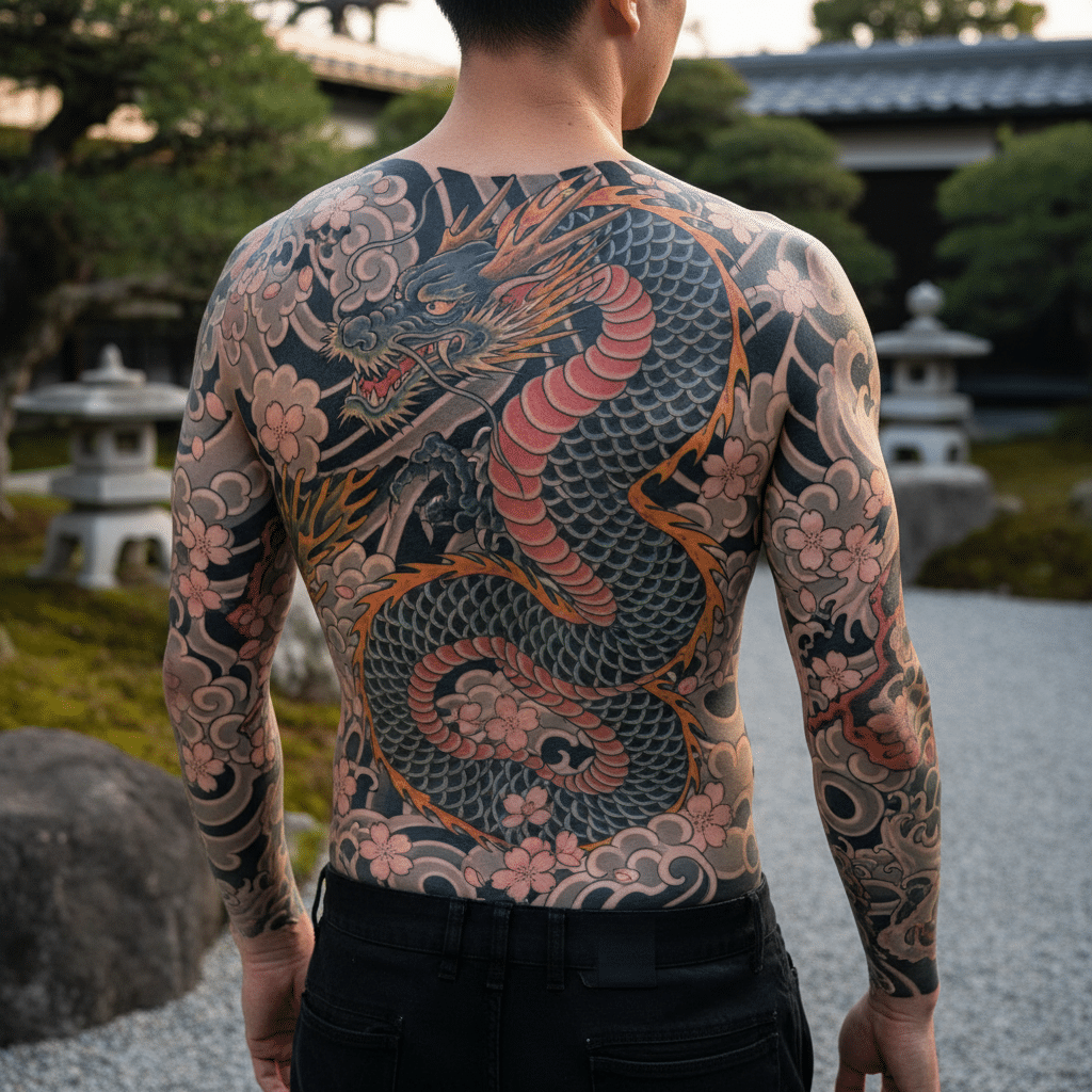 download-6 Man with intricate dragon tattoo on back standing in Japanese garden. | Sky Rye Design Man with intricate dragon tattoo on back standing in Japanese garden.
