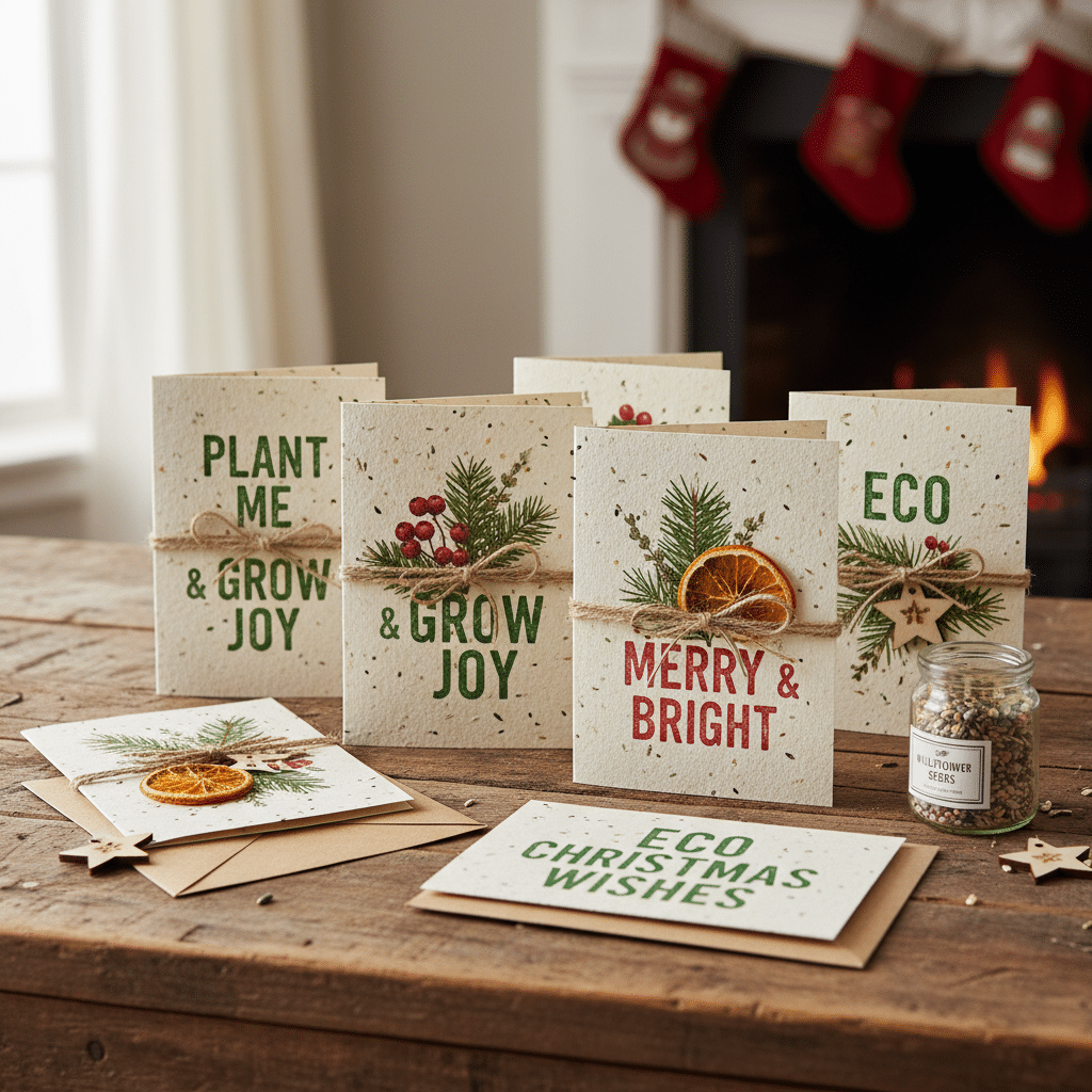 Eco-friendly Christmas cards with festive designs and plantable seed paper on a wooden table.