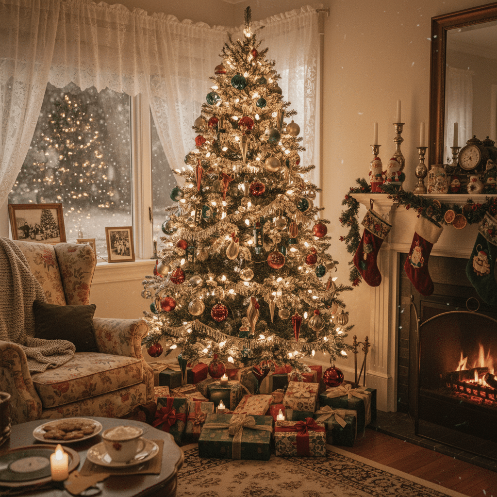 Cozy living room with decorated Christmas tree, presents, stockings, and a warm fireplace, perfect for the holiday season.