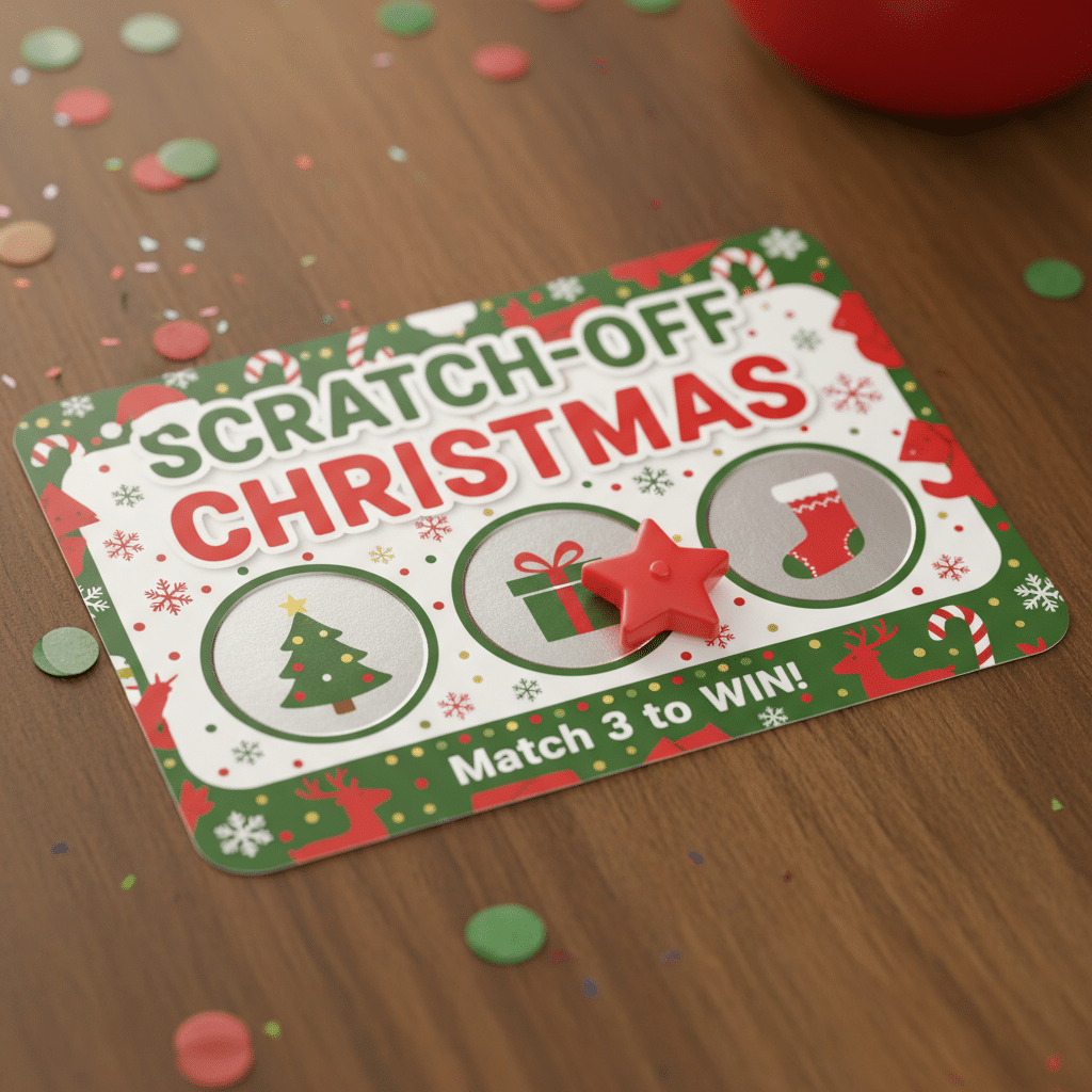 Christmas scratch-off card with festive icons, confetti on wood table, match 3 to win, holiday fun and excitement.