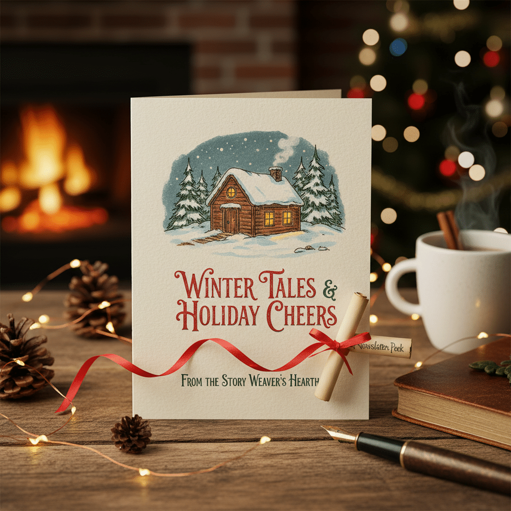 Cozy holiday card by a fireside, adorned with festive decor, featuring Winter Tales & Holiday Cheers text.