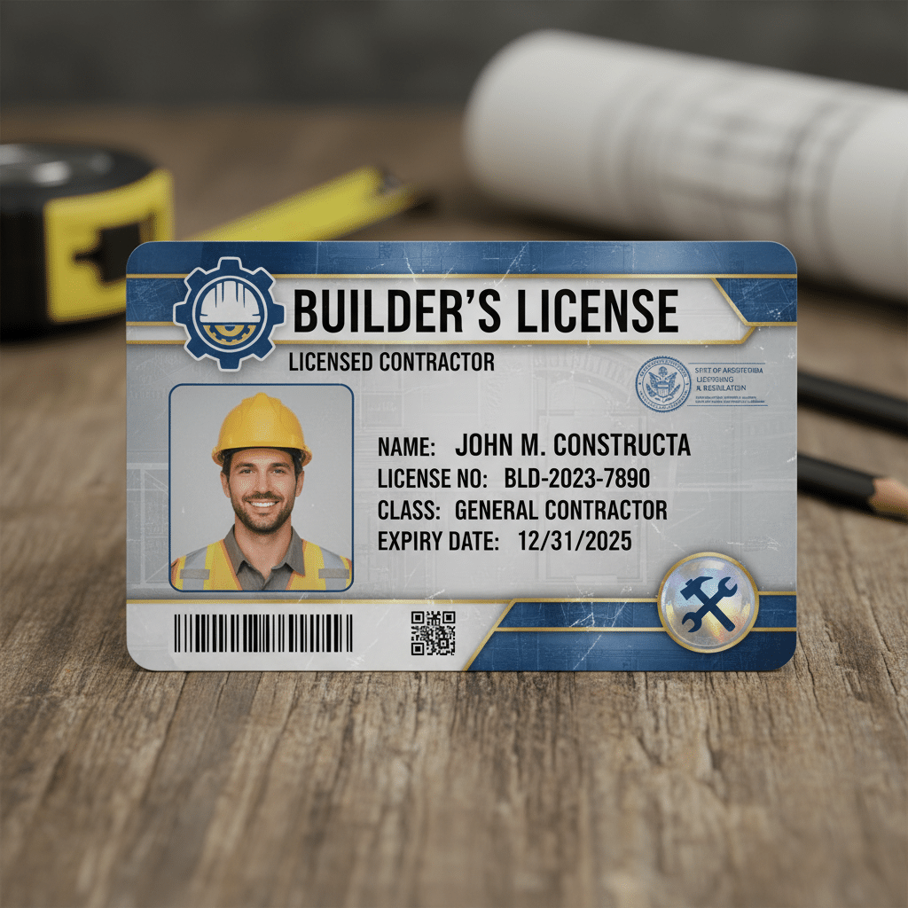 download Builder's license card for a general contractor with a hard hat and ID details displayed on wooden surface. | Sky Rye Design Builder's license card for a general contractor with a hard hat and ID details displayed on wooden surface.