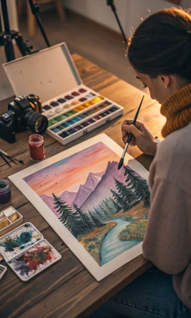Artist painting serene mountain landscape with watercolors at wooden table, camera and paints nearby.