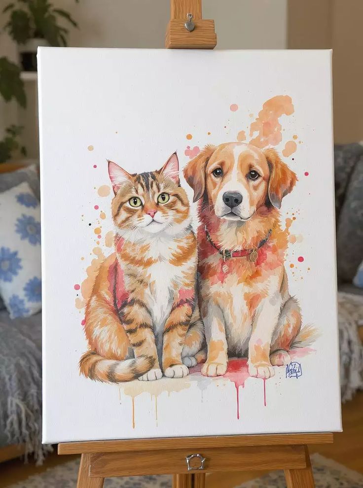 Painting of a cat and a dog side by side on canvas with colorful splashes, displayed on an easel in a cozy room.