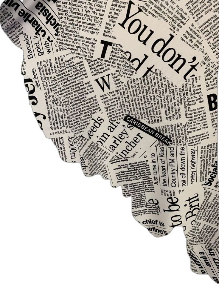 Silhouette composed of layered newspaper clippings with various headlines, creating a striking abstract collage.